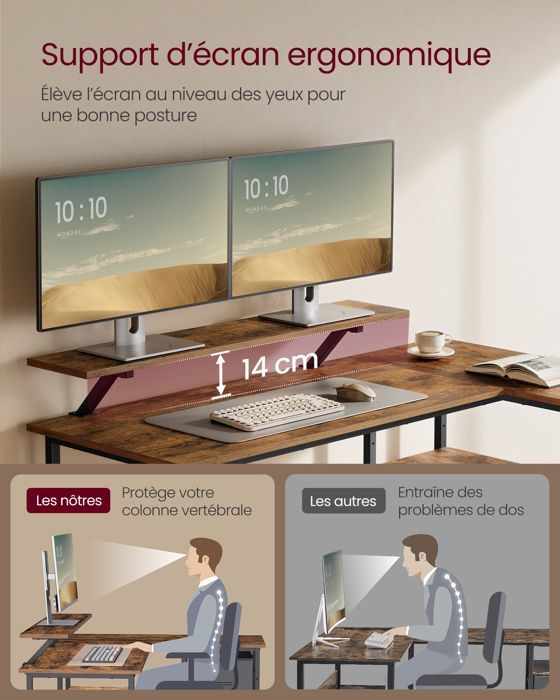 Bureau, Forme en L, avec 2 Tiroirs Spacieux et Support pour Écran, Étagère Réglable, Longueur 135 cm, pour Bureau, Marron Rustique