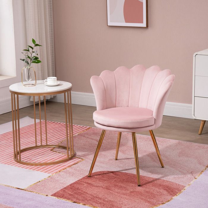 Fauteuil coquillage - HOMCOM - chaise coiffeuse velours pieds métal doré salon chambre - velours - rose poudré