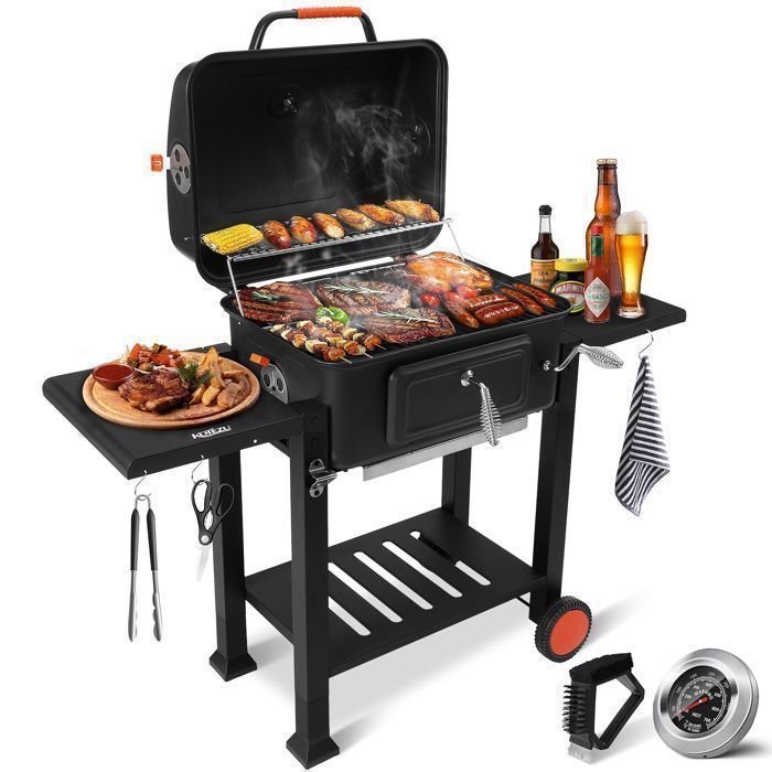 Barbecue Charbon de Bois avec Couvercle, Thermomètre, Bac à Charbon Réglable, 2 Tablettes Rabattable, Brosse de Nettoyage
