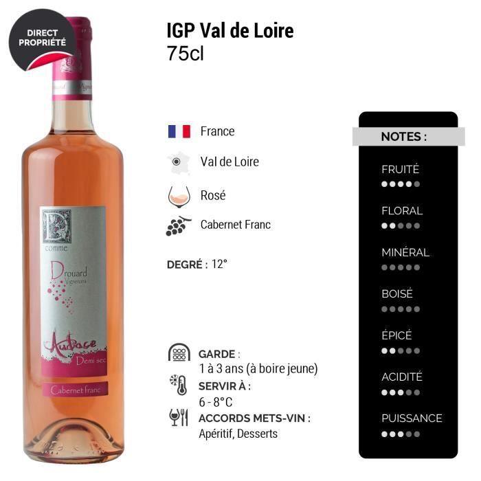 Val de Loire Audace Demi-Sec Rosé - Doos van 6 x 75cl - Wijngaard Drouard - IGP Roséwijn uit de Loire-vallei - Cabernet Franc Druivensoort