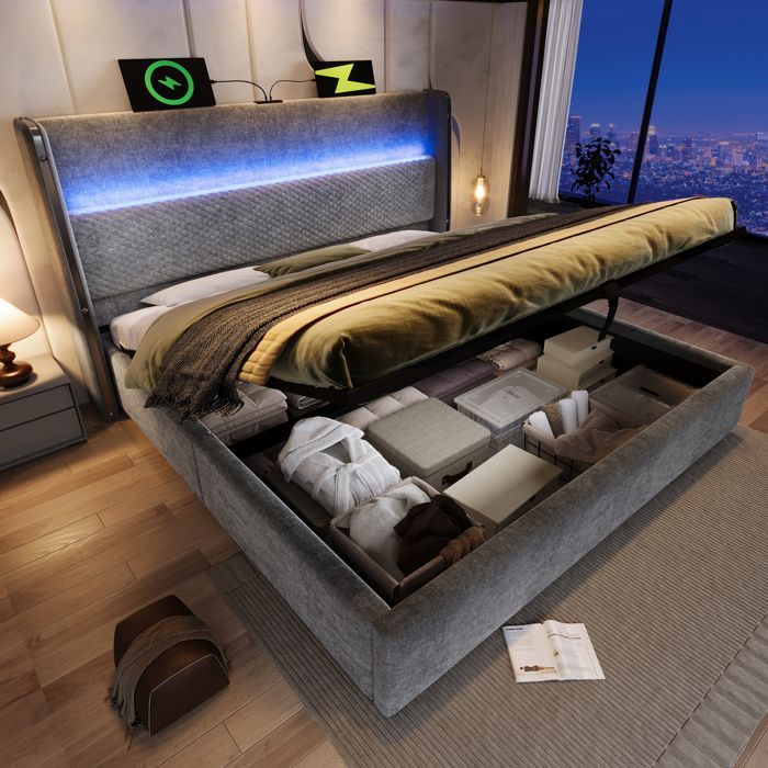 Letto matrimoniale imbottito 160 x 200 cm con contenitore, illuminazione a LED, vano portaoggetti e testiera alta - Effetto lino grigio (materasso non incluso)