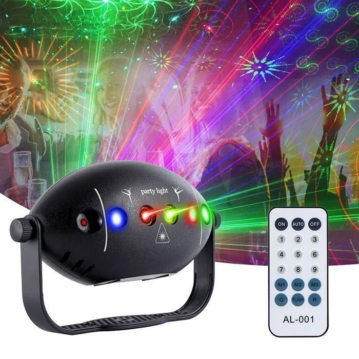 Faro da palcoscenico, proiettore stroboscopico a LED con laser, 168 effetti, luce da discoteca UV RGB con telecomando per feste/Natale
