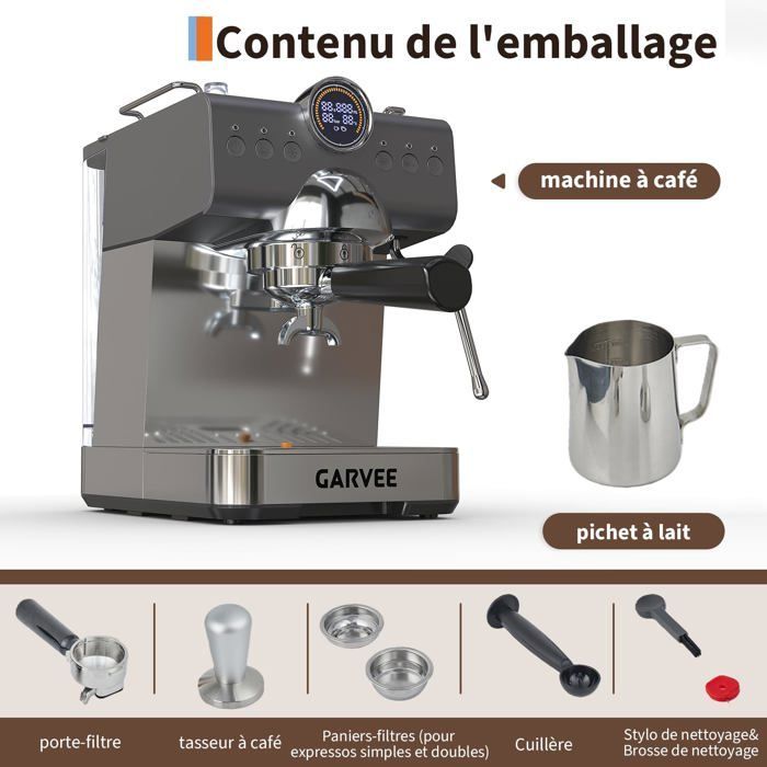 Cafetera espresso semiautomática de 20 bares con molinillo integrado – Acero inoxidable – Boquilla de vapor – Compacta y fácil de limpiar