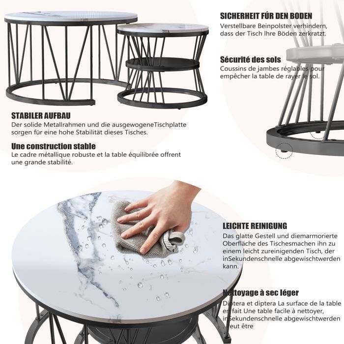 Salontafel voor de woonkamer - Marmerhout en metalen poten - Stapelbare salontafel - Rond - D 70/45 x H 45/40 cm - Zwart en wit