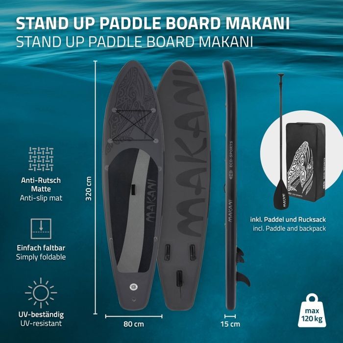 Tavola da Stand Up Paddle Gonfiabile Makani di ECD Germany | 320 x 82 x 15 cm | fino a 150 kg | PVC | Nero | Pompa ad aria, pagaia, borsa incluse