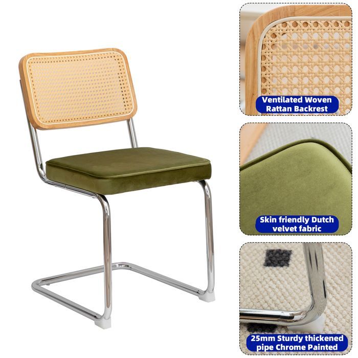 Lot de 2 Chaises Salle à Manger Vert – Velours/Rotin – Piètement Chrome – Style Breuer – 53x46x85 cm