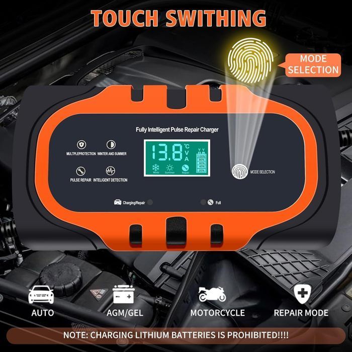 Caricabatterie per auto/moto da 10 A 12 V, caricabatterie intelligente per auto da 12 V con funzione di mantenimento della batteria.