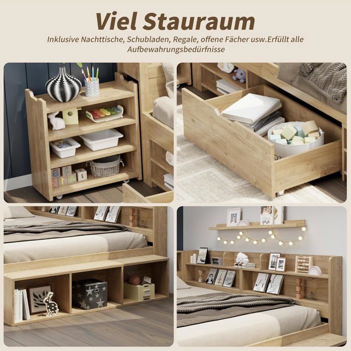 Letto per bambini 90 x 200 cm, letto contenitore con ricarica wireless e porta USB, comodini, mensole e armadietti contenitori.