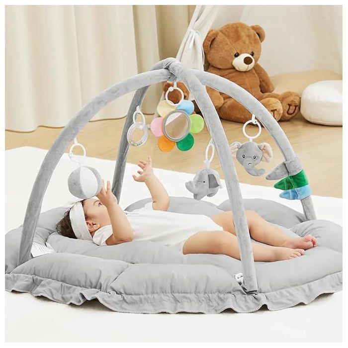 Alfombra de juegos acolchada y reversible para bebés – 120x90x73 cm – Cómoda, incluye juguetes sensoriales (gris)