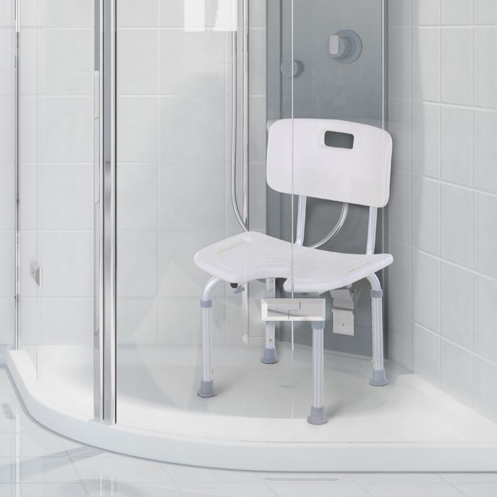 Silla de ducha - HOMCOM - ergonómica - altura regulable - patas antideslizantes - carga máxima 136 kg - aluminio HDPE - blanca