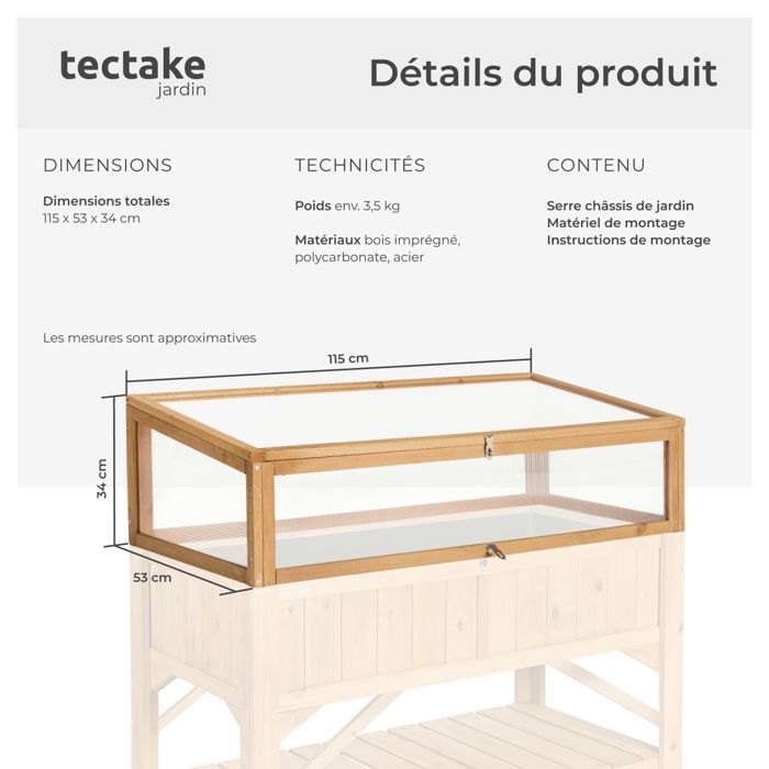 Raised garden bed - TECTAKE - Garden greenhouse for raised garden beds made of wood and polycarbonate, 115 cm x 53 cm x 34 cm