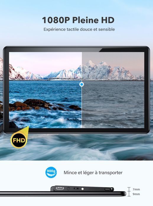 Moniteur portable tactile Full HD 15,6 P 1080 pouces, support rotatif réglable intégré, 100 % sRGB avec interface HDMI, Type C, OTG