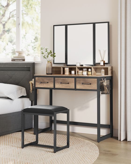 Dressing Table with Stool, Triple Mirror, 3 Drawers, Hair Dryer Holder, Pot - VASAGLE - Wood Brown, Black