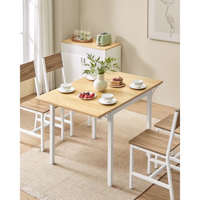 Mesa de comedor plegable VASAGLE, extensible, para 2 a 4 personas, con alas abatibles, roble natural y blanco nube.