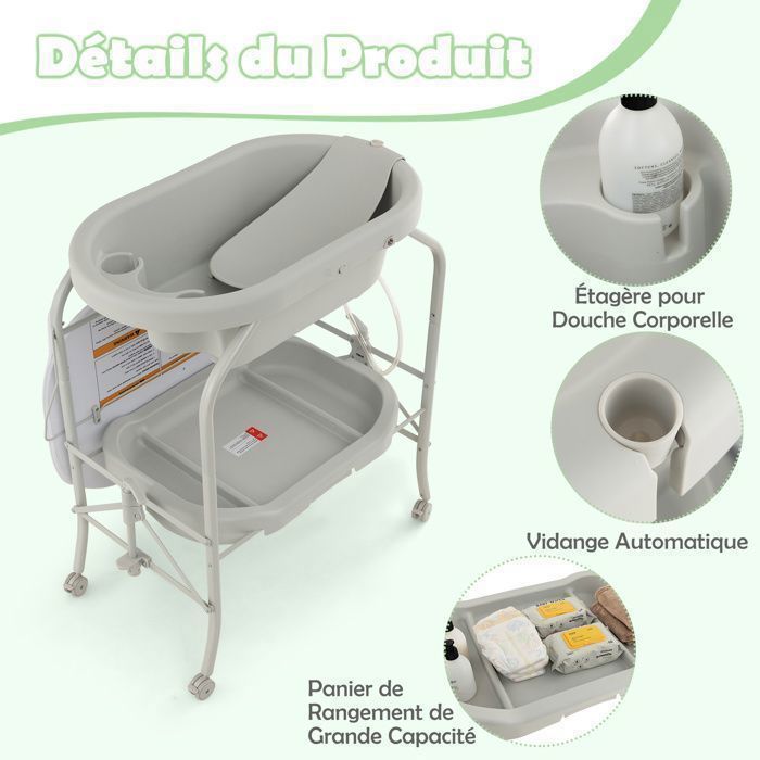 Cambiador para bebés COSTWAY 4 en 1 con bañera plegable de 20 L - 4 ruedas, manguera de 1 m, bandeja de almacenamiento, cojín de PVC impermeable - Gris claro