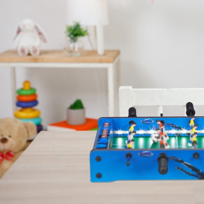 Futbolín Relaxdays, luces LED, para niños y adultos, 4 varillas, 2 pelotas incluidas, minijuego de fútbol, azul