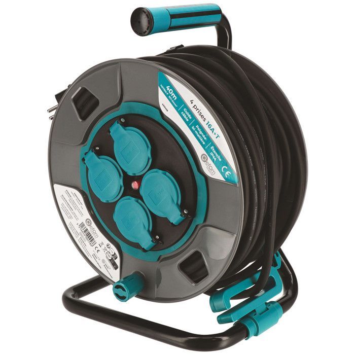Avvolgicavo da cantiere da 40 metri - Guida cavo - 4 prese con coperchio - Sezione cavo 3G1.5mm² - IP44 - Maniglia