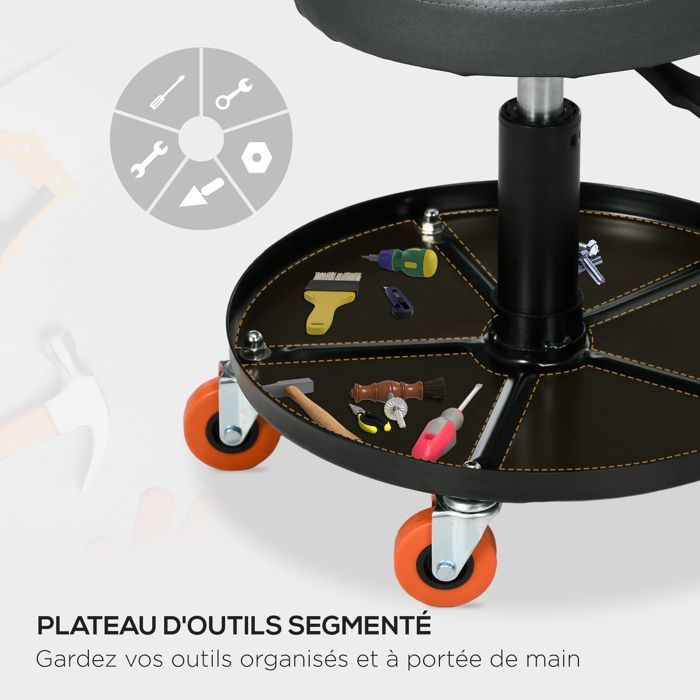 Taburete de mecánico - HOMCOM - asiento giratorio - altura regulable de 38 a 48 cm - plataforma de 100 kg - tapicería sintética - negro