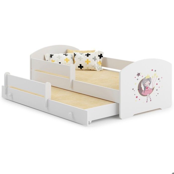 LUK II Cama nido doble para niños de 160 x 80 cm con 2 colchones, 2 bases de cama, color blanco con ilustración de una niña durmiendo.