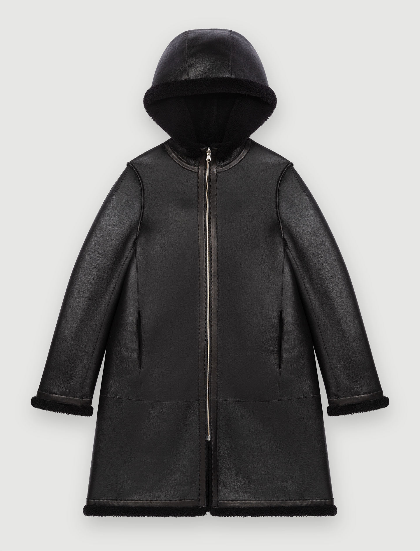 Haină din shearling, lână și blană - Negru