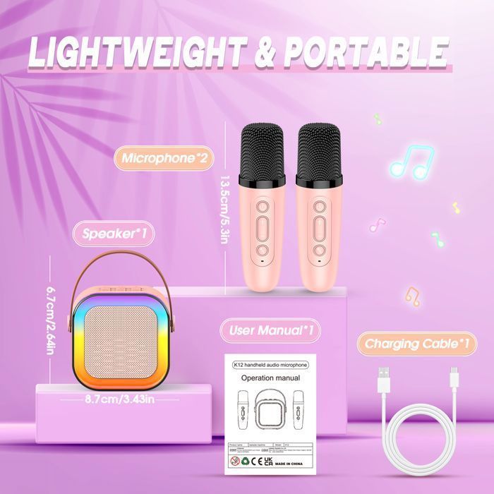 Máquina de karaoke infantil - ATOPDREAM - ATOPDREAM - 2 micrófonos inalámbricos - Bluetooth 5.0 - Luces RGB (rosa)