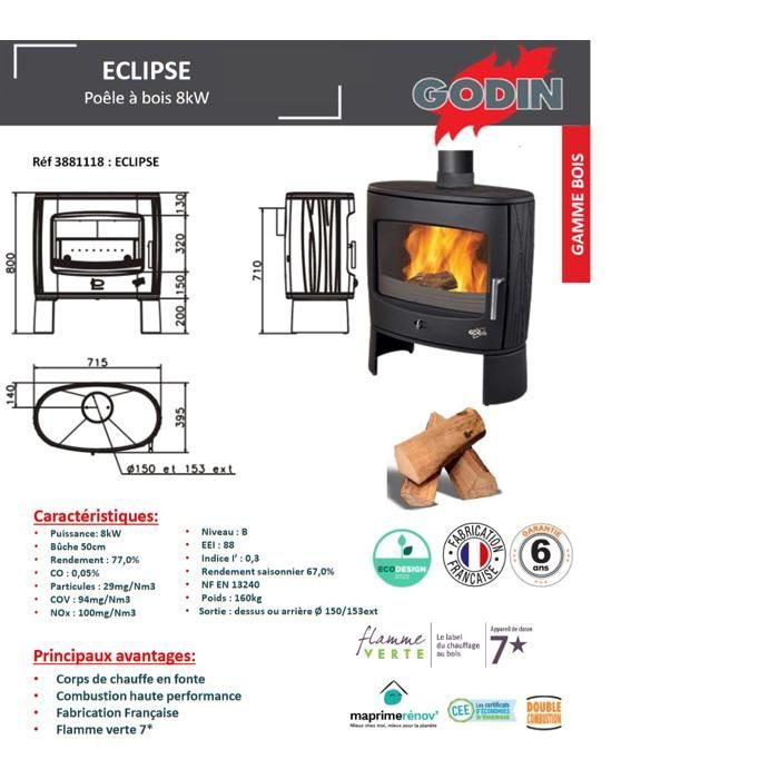 Godin Poêle à bois bûches Eclipse 8kW anthracite Réf 388118