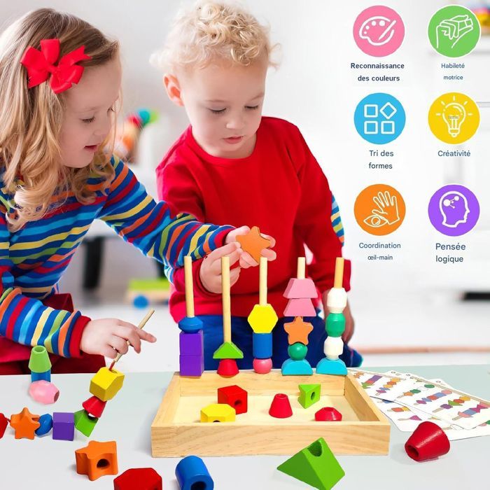 Juguete infantil para niños de 3 años: juguetes de madera para ensartar y ensartar 3 en 1, juguetes apilables y para ensartar, juegos Montessori para niños de 2 años, juego educativo 2