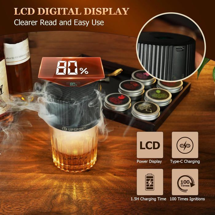 Kit de fumoir à Whisky électrique avec 4 Modes d'éclairage, 6 copeaux de Bois, sans Butane, pour Hommes, Papas et Maris