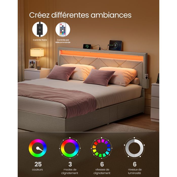 Lit double - VASAGLE - LED intégrée - 4 tiroirs - Beige cappuccino - Tête ajustable