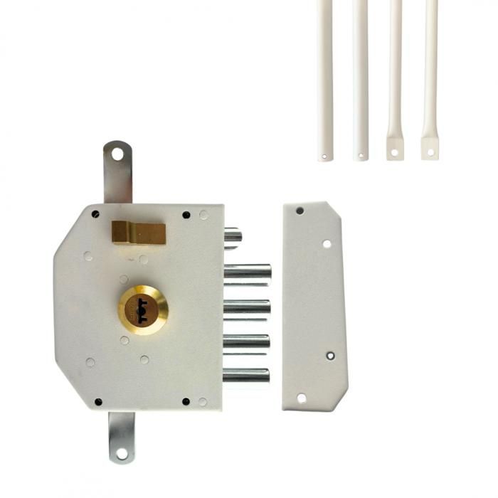 Cerradura de seguridad para puerta principal con varillas, montaje en superficie, 6 puntos de cierre, color blanco, lado derecho, distancia entre ejes de 60 mm, 5 llaves.