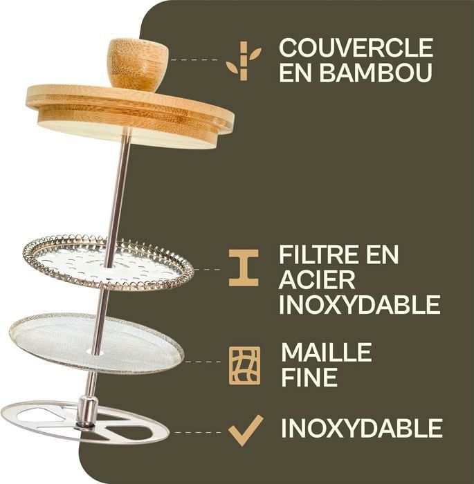 Cafetera de émbolo, cafetera francesa, jarra francesa para café de filtro, 3 tazas, acero inoxidable y bambú.