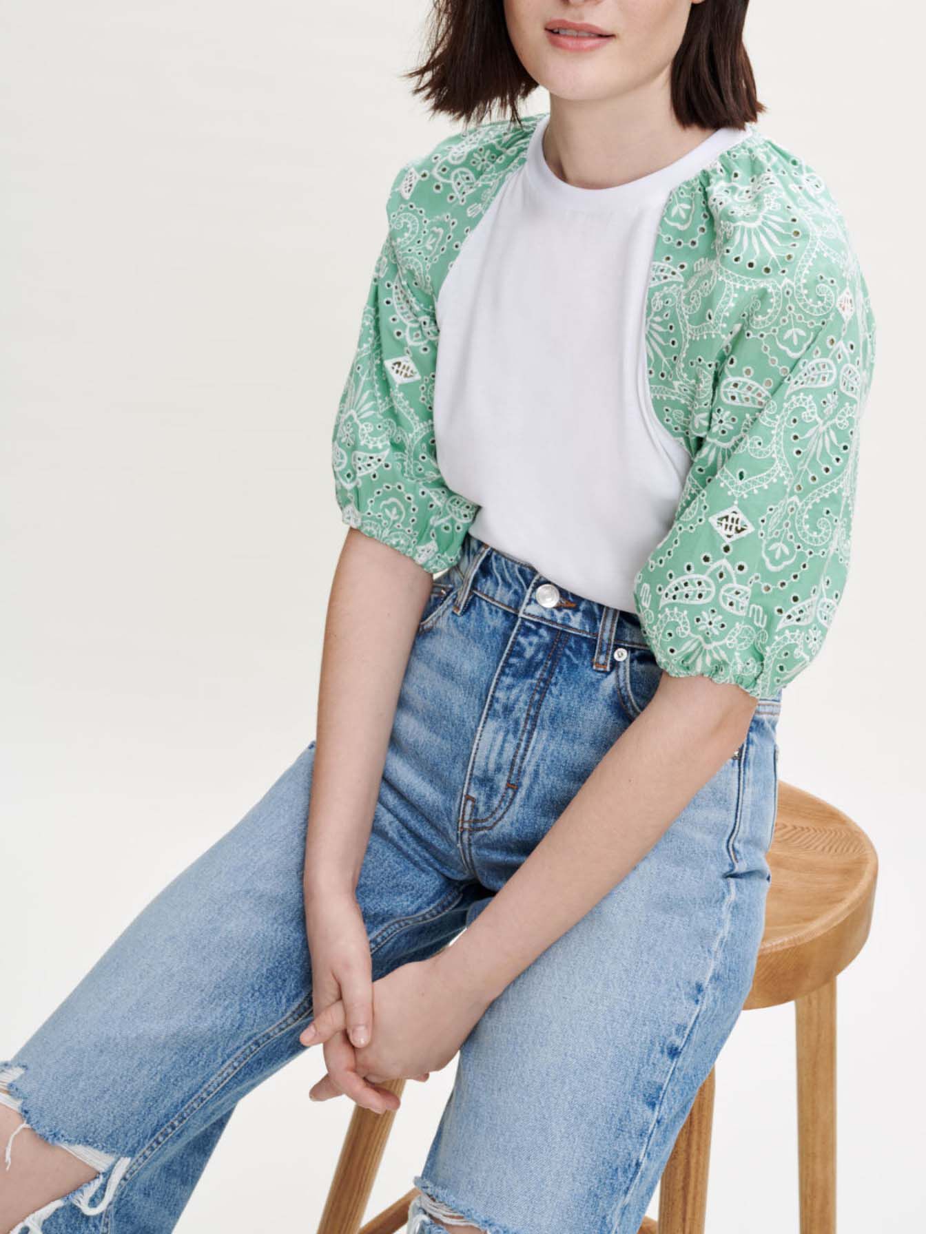 Tricou din amestec de materiale - Alb