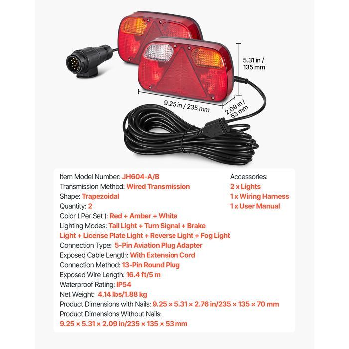 Luces para remolque (2 unidades) - VEVOR - Luces traseras/de freno/de marcha atrás/12 V - Kit de iluminación impermeable para remolque - con arnés de cableado