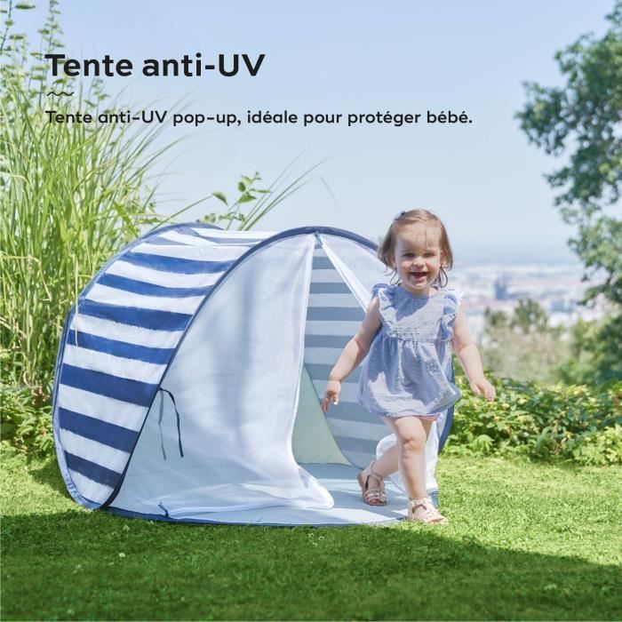Tenda Babymoov con protezione UV SPF 50+ a righe e zanzariera integrata.
