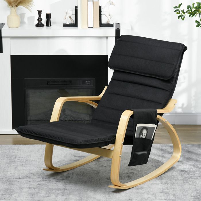 Sillón reclinable mecedor - HOMCOM - sillón de lactancia con reposapiés ajustable, bolsillo lateral y reposacabezas, negro