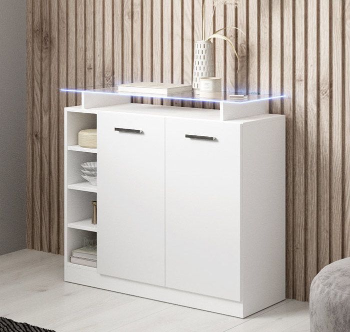 Entryway cabinet with 2 doors | Glossy white | Glass shelf and LED light | W 97 x D 35 x H 87 cm | Paola 2P model