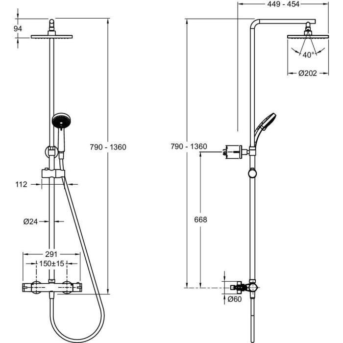 Columna de ducha termostática - JACOB DELAFON - Colette - Cabezal de ducha cuadrado de 20 cm - Ducha de mano de 4 chorros
