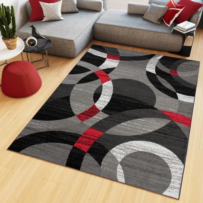 TAPISO Maya lyhytnukkainen olohuoneen matto, harmaa, musta, punaiset ympyrät, polypropeeni, sisäkäyttöön, 140x200 cm