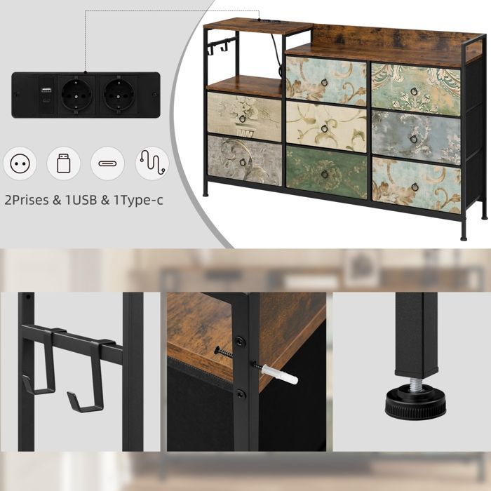 Cómoda WOLTU - 8 cajones y estación de carga - Metal y madera de ingeniería - Diseño floral vintage