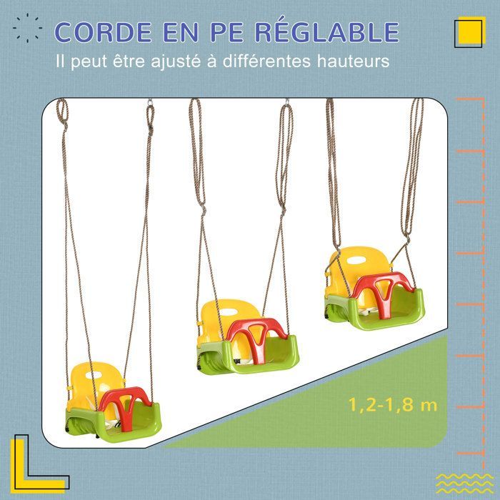 Balançoire siège 3 en 1 - Outsunny - évolutif enfant dossier barre t amovibles 9-36 mois hauteur ajustable - plastique - orange