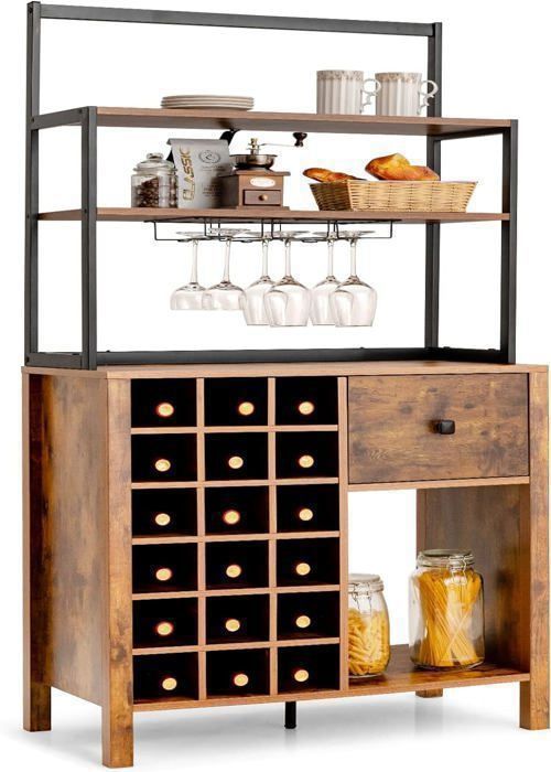 Botellero GOPLUS para 18 botellas, 78x40x160cm, con 3 estantes abiertos, mueble de almacenamiento de cocina de estilo industrial.