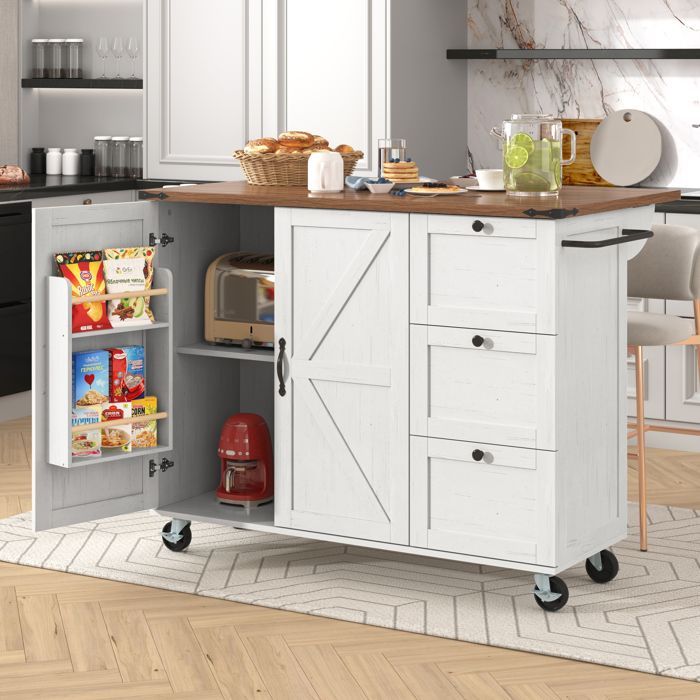 Chariot de cuisine - Îlot extensible - 2 portes - 3 tiroirs - Beige - 75 kg max