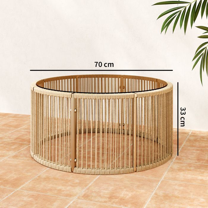 Table basse de jardin - table d'appoint - Outsunny - ronde, pour patio jardin salon - résine tressée, verre - 70x70x33cm - marron
