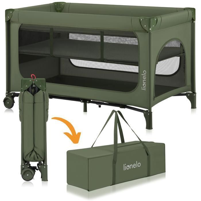 Cuna de viaje 2 en 1 LIONELO Jasmin - Parque infantil - Colchón de espuma T25 - Plegado rápido - 2 ruedas - Hasta 15 kg - Verde