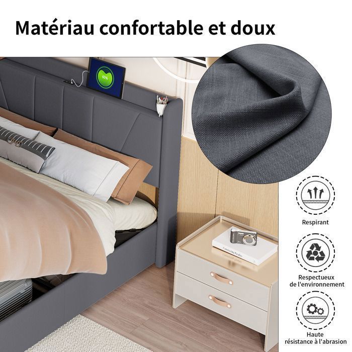 Lit coffre double 160 x 200 cm en lin gris, Lit adulte avec Prise port USB et Type-C, Rangement hydraulique, Sommier à lattes