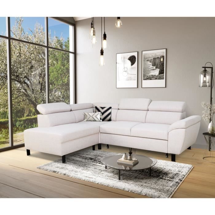 Sofá esquinero convertible - 4 personas - STAN - Tela beige - 3 reposacabezas - Reversible - 243 x 92 x 184 cm