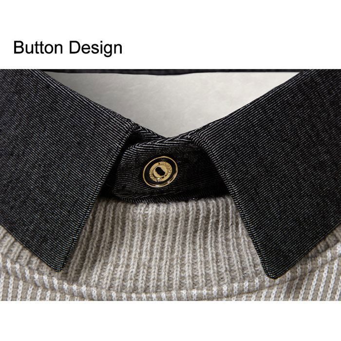 Maglione da uomo lavorato a maglia con colletto foderato in pile, caldo pullover a maniche lunghe, colore a contrasto - Beige