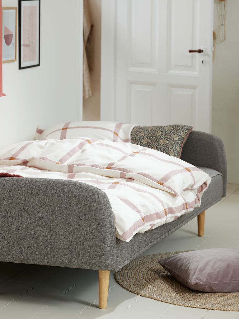 PARADIS sofa-lova, šviesiai pilkas audinys/ąžuolo spalva