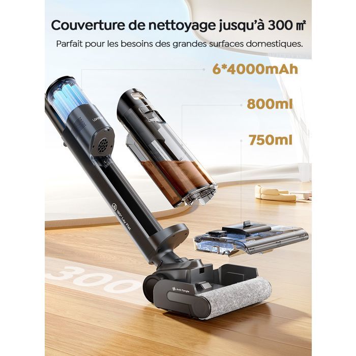 LARESAR  S7 Pro Combo Aspirateur Laveur 3-en-1 Sans Fil -auto-nettoyage 80°C - 180° Flat -Anti-Cheveux - LED -50 min d'autonomie