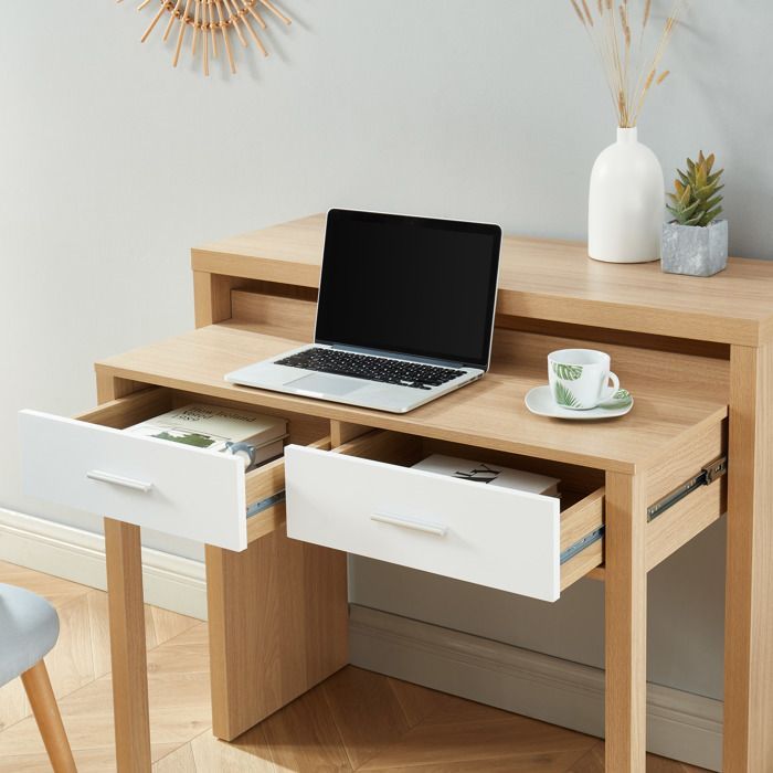 Escritorio STUDIO extensible en blanco y efecto roble con 2 cajones - Madera